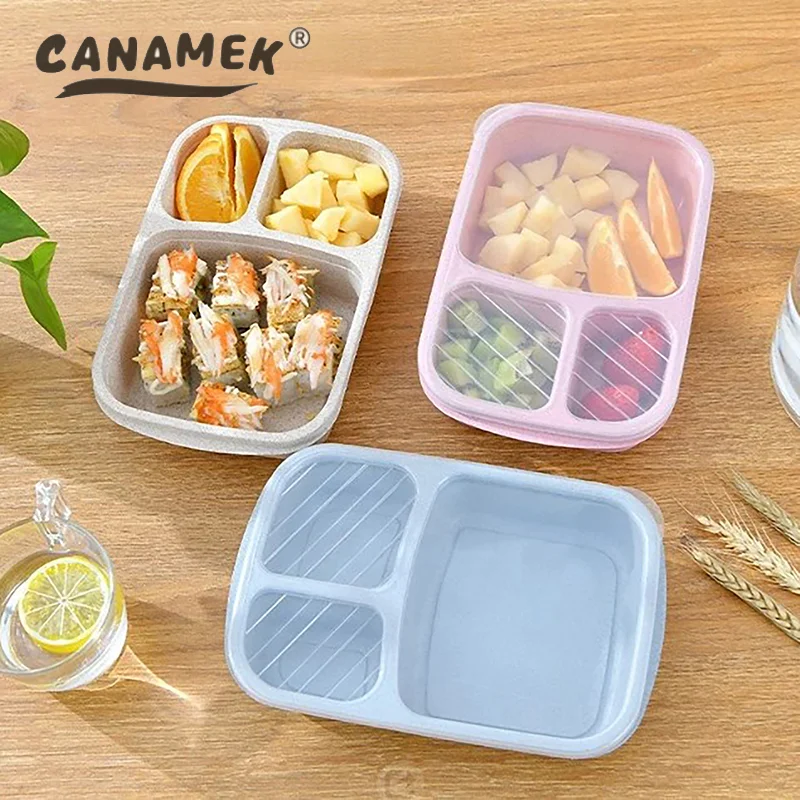 Three-compartment Wheat Straw Lunch Box Microwave Dinnerware Food Fruit Container Lunch Box Picnic School Office Portable Bento