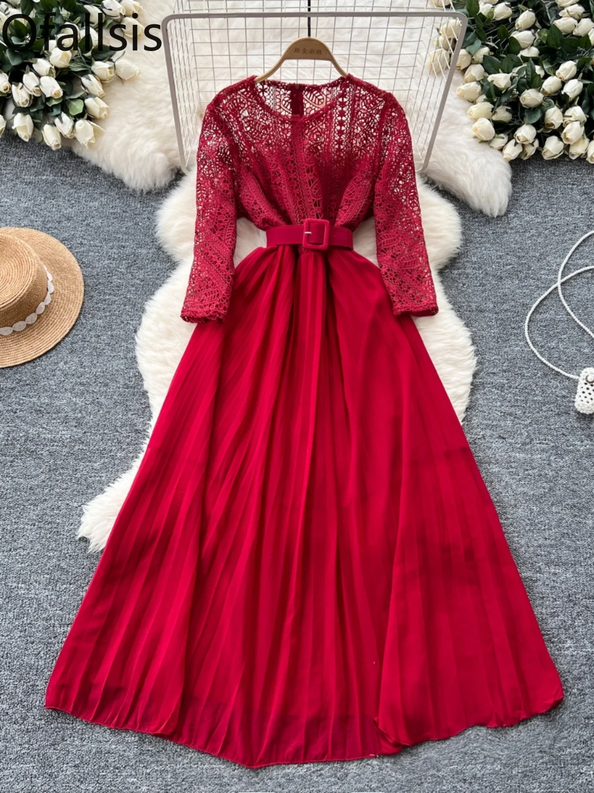 Ofallsis Elegant Sophisticated Dress 2024 Autumn Light Mature Style Hollowed Out Embroidery Lace Patchwork Pleated Long Dresses