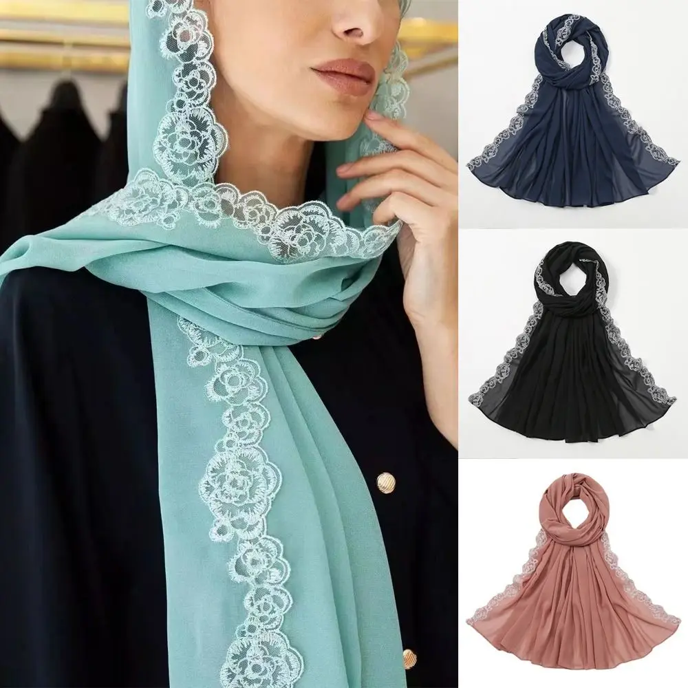 

Embroidered Lace Chiffon Lace Hijab Solid Colors Comfortable Summer Wraps Headscarf Breathable Women Long Shawls