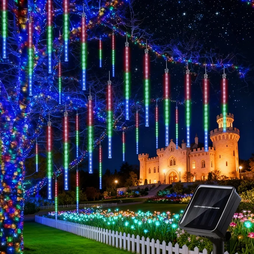 8 tubos Solar/UE LED lluvia de meteoros luces de lluvia guirnalda de luces impermeable caída gota de lluvia vacaciones fiesta Patio decoración 30/50CM