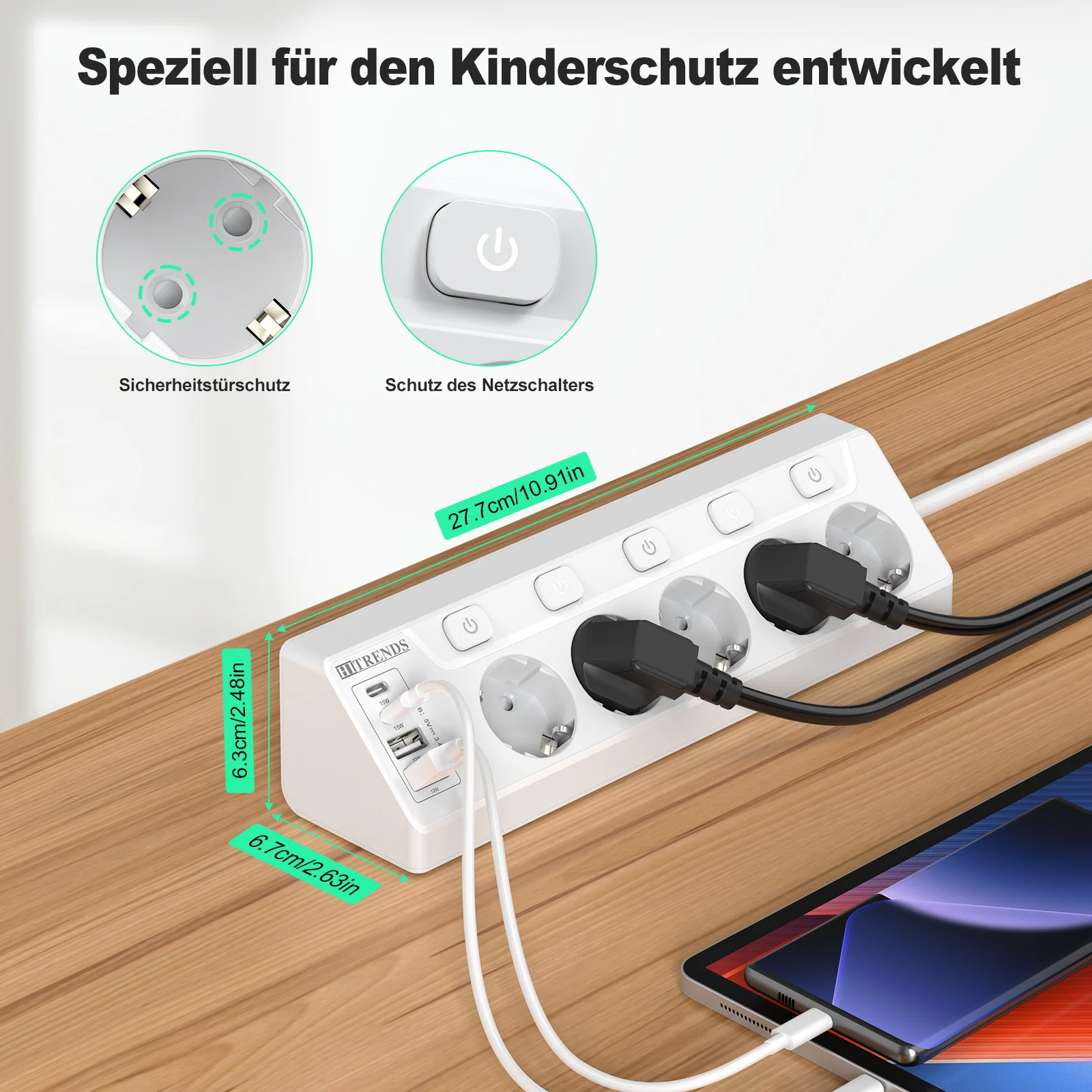 EU Plug 9 in 1 Wall Socket 90° Angle Design With 2 USB-A and 2 Type-C (15W) 2M Extension Cable Suitable for Home Office Kitchen