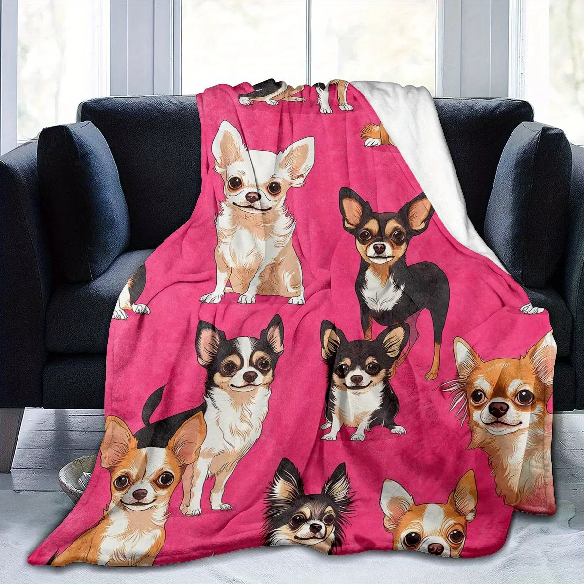 Soft Cozy Flannel Throw Blanket | Contemporary Geometric Chihuahua Print, Vibrant Pink & Multicolor Dog Design for Home Decor