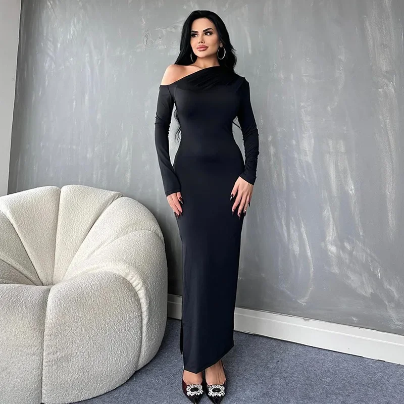 

Off-the-shoulder Slim Banquet Evening Dress High-waisted Dress for Women Solid Color Oblique Shoulder Asymmetrical Sexy Dress