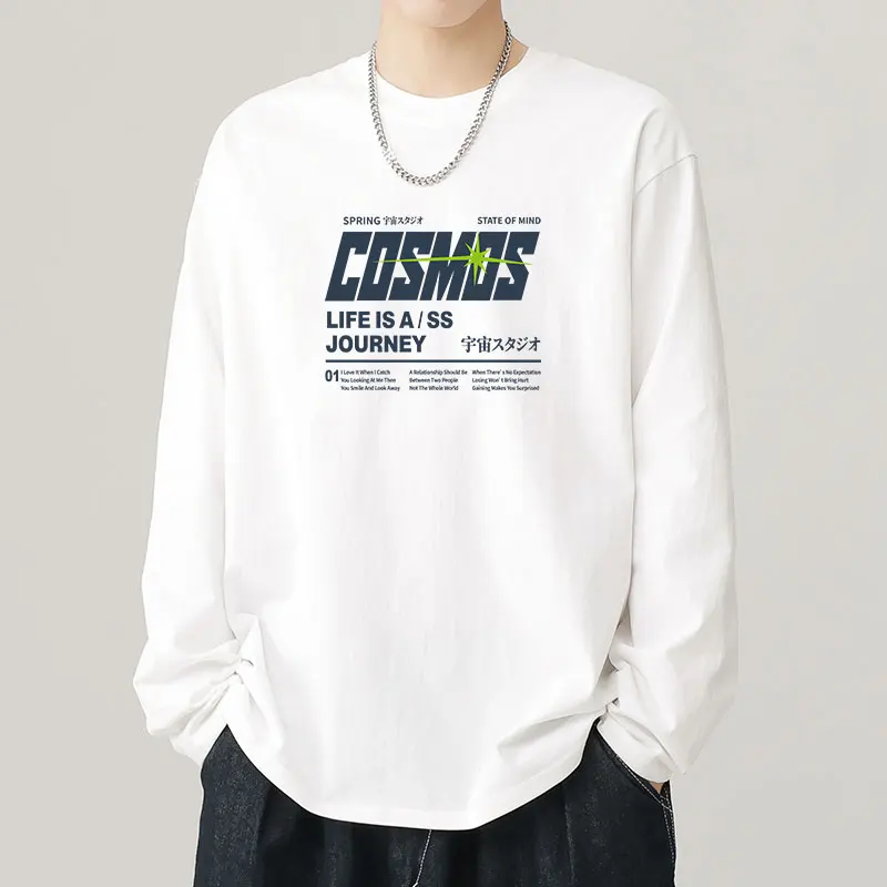 رسالة مطبوعة الرجال طويلة الأكمام تي شيرت القطن بسيط جولة الرقبة فضفاضة الخريف قميص رجالي #1