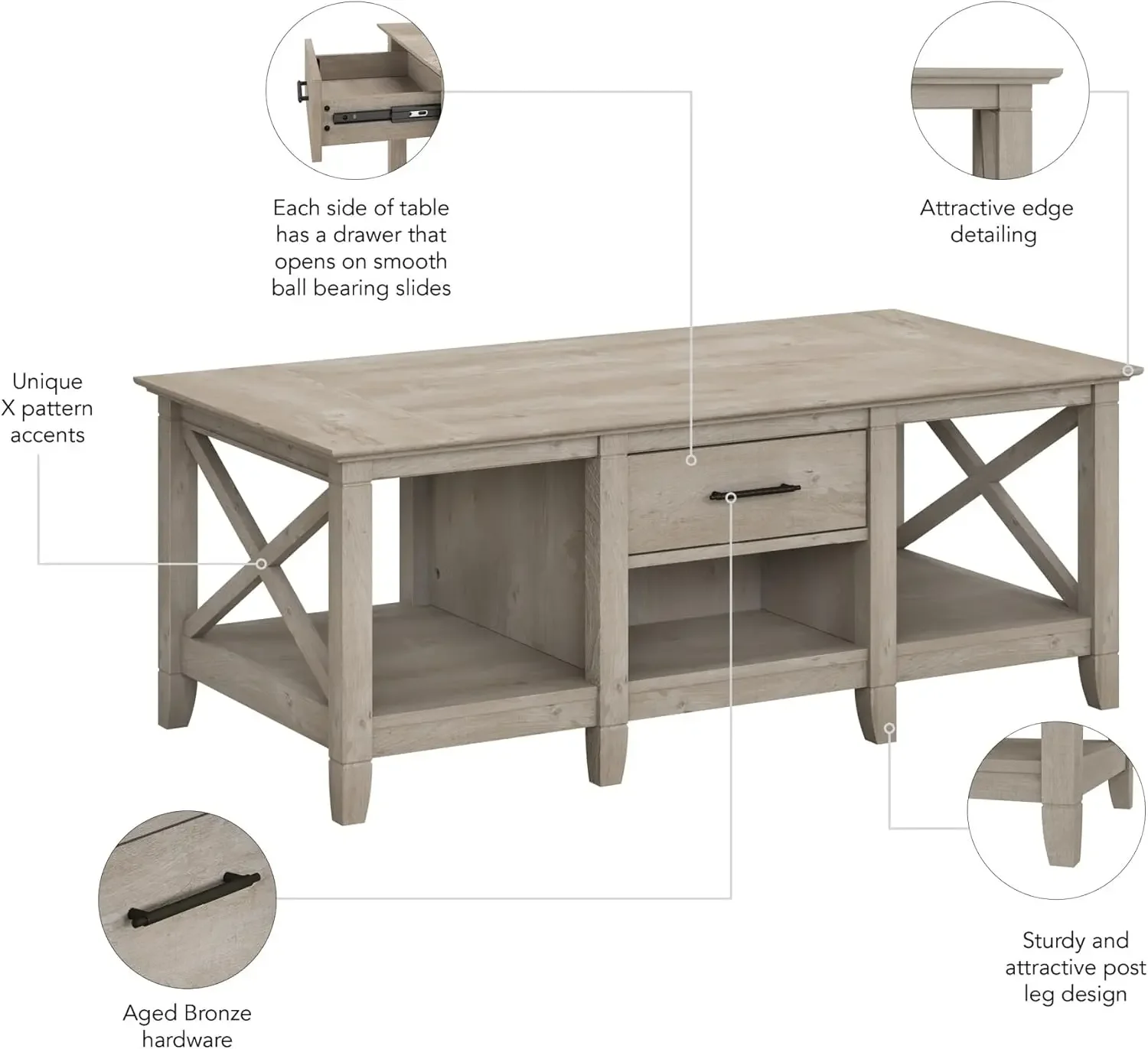 Key West Coffee Table with Storage in Washed Gray