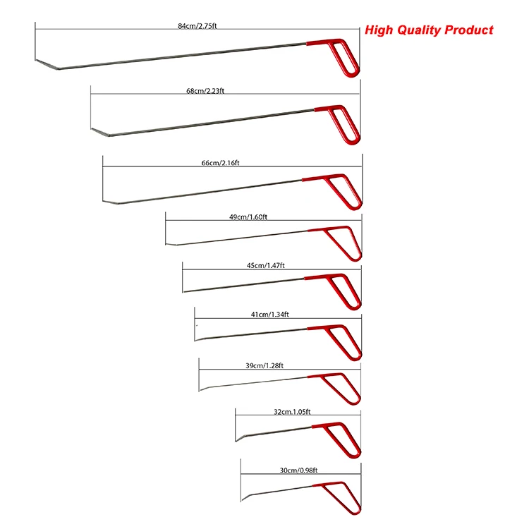 Crochets flacon de grêle sans peinture pour carrosserie automobile, outils de débosselage de voiture, tiges rouges, haute qualité, pied de biche PDR, 9 pièces