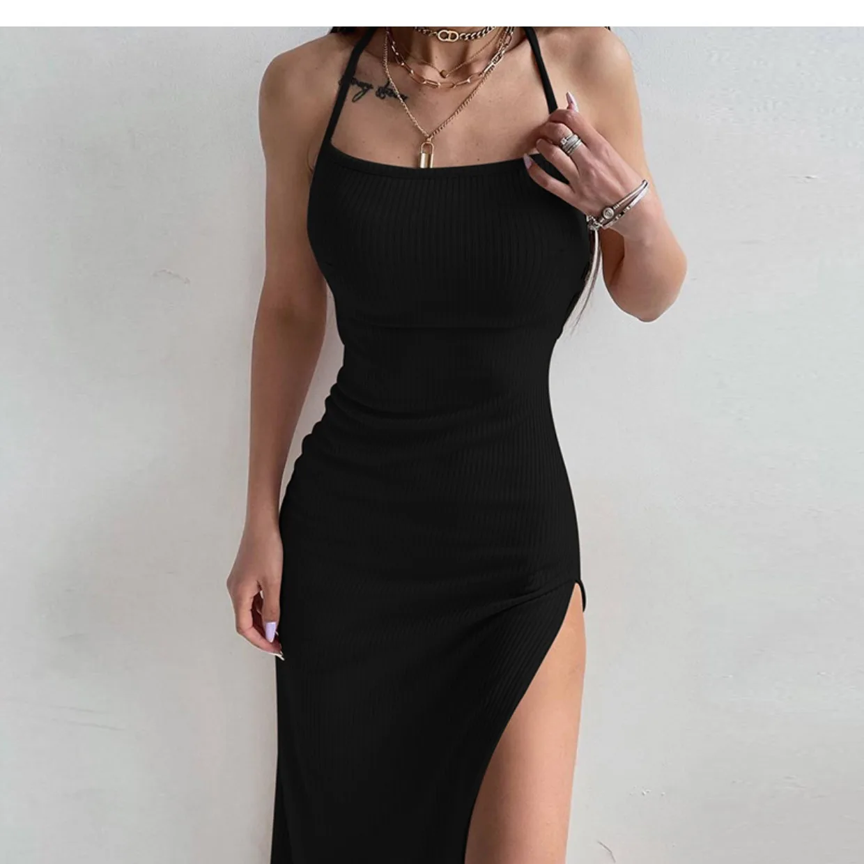 New Sexy Black Long Bodycon Dress Women Summer senza maniche Blackless Halter Neck Spaghetti Strap Dresses High Split Vestidos