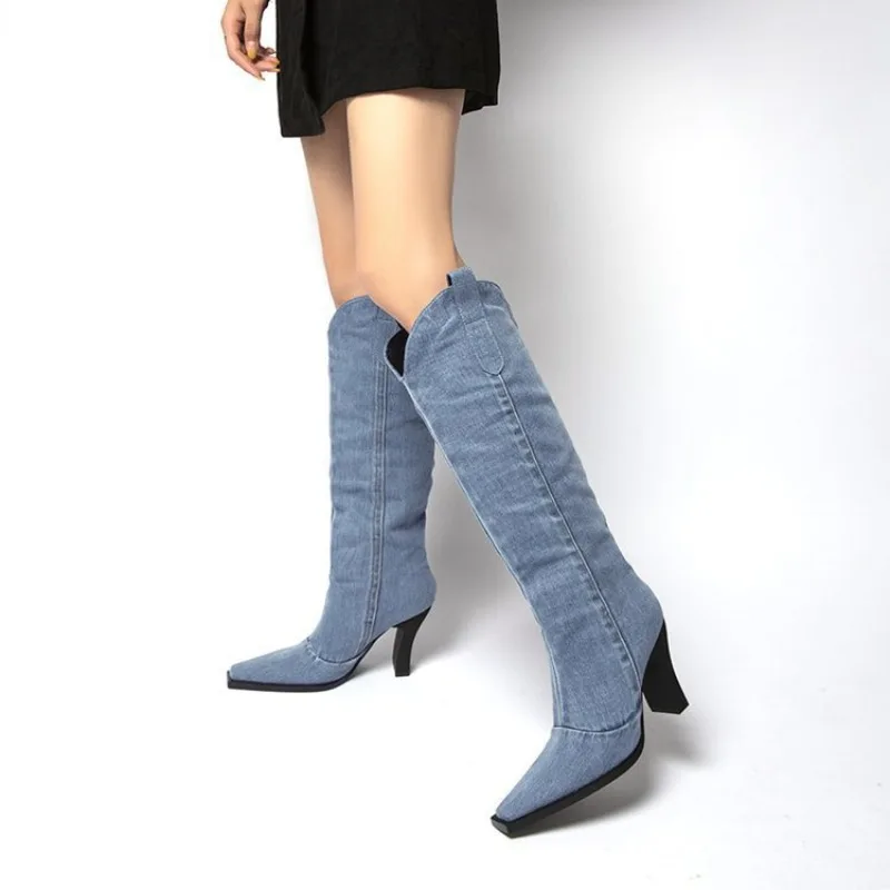 

New Western Cowboy Women Long Boot Blue Heel Ladies Pointed Toe Knee High Boots Shoes Winter High Quality Suede Shoes Large size