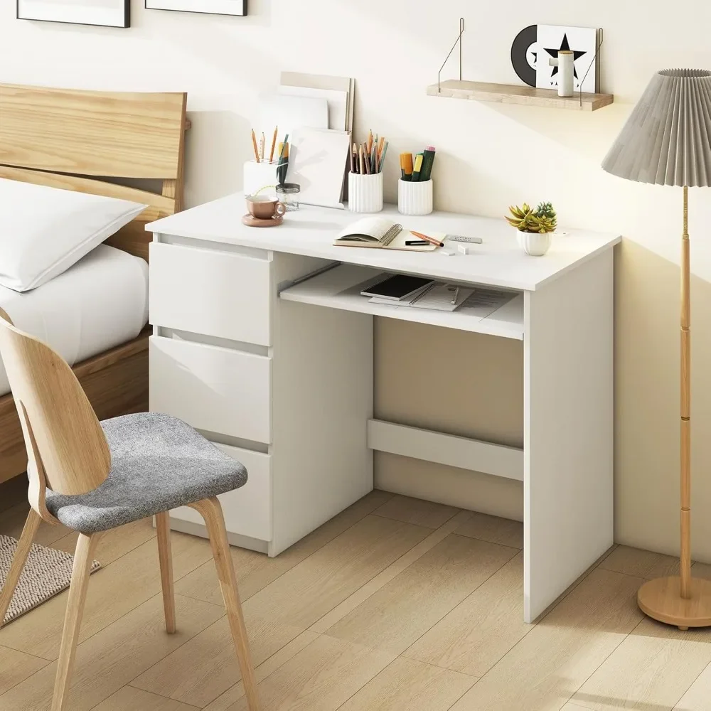 "مكتب كمبيوتر أبيض مع مخرج طاقة مدمج - تصميم مكتبي حديث مع صينية لوحة مفاتيح و3 أدراج واسعة، كتابة 42 بوصة