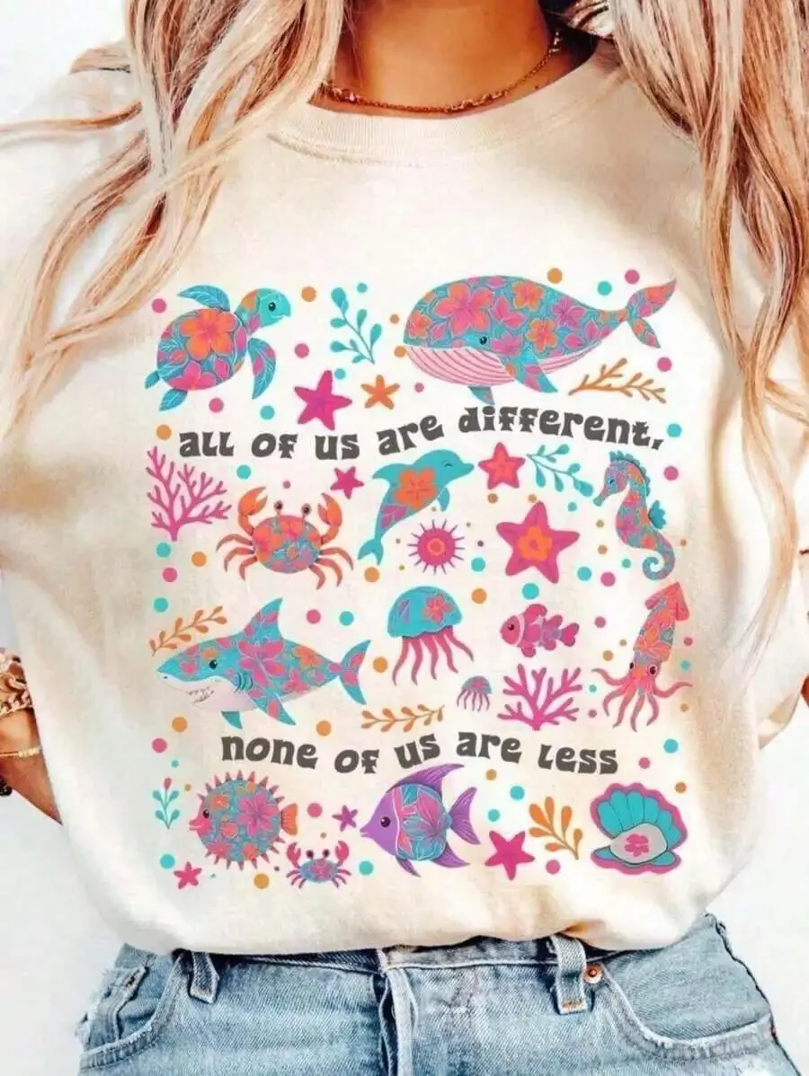 2026 Fashion New Women Summer Crew Neck Short Sleeve T Shirt All Of Us Are Different Neurodivergent Letter Print Ocean Lover Autism Inclusion Special Education Teacher Gift Daily Casual Basic Top Tee