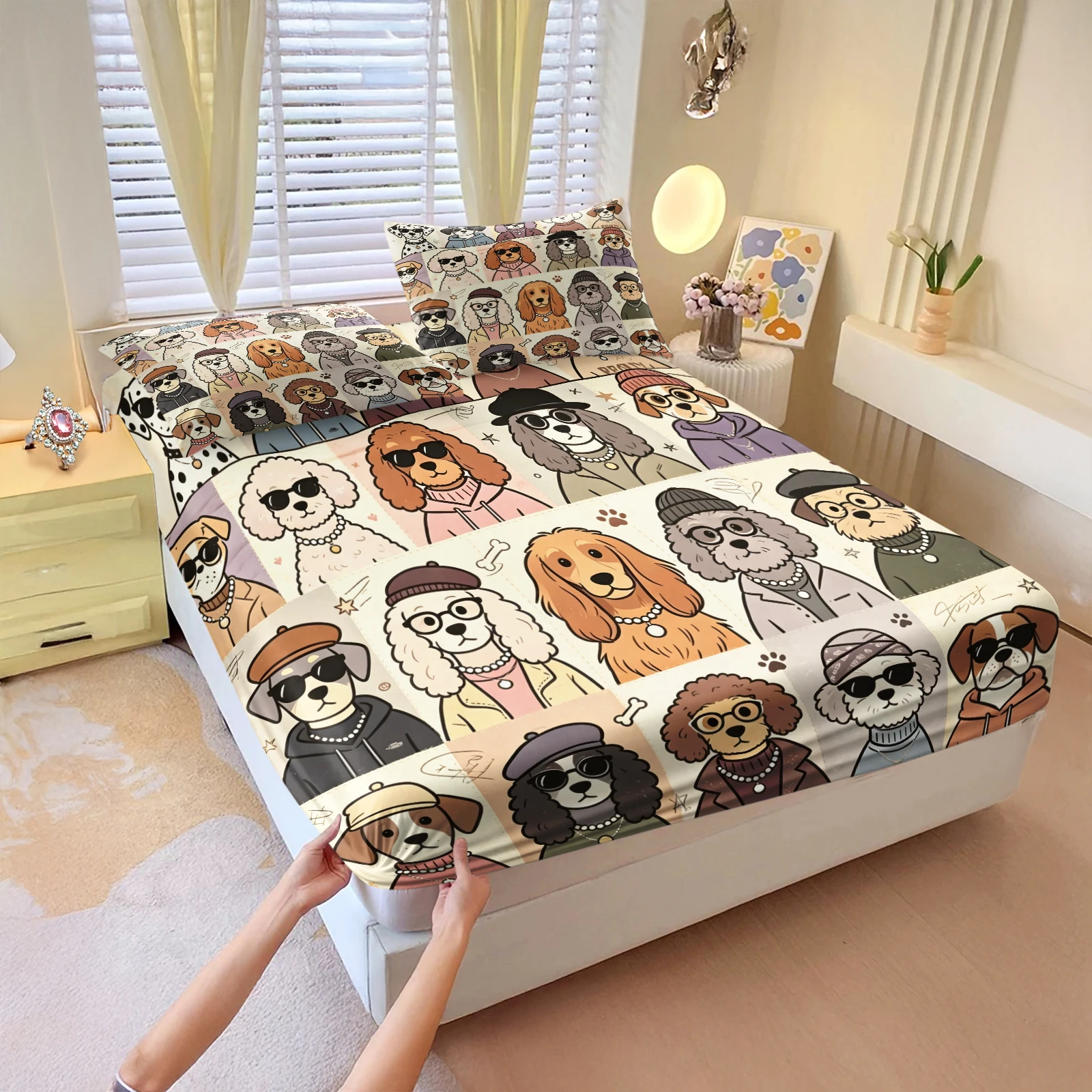 Cute Pet Dog Portrait Patchwork Bedding Set Multiple Dog Breeds Cartoon Fitted Sheet 3pcs Full Surround Elastic Mattress Cover