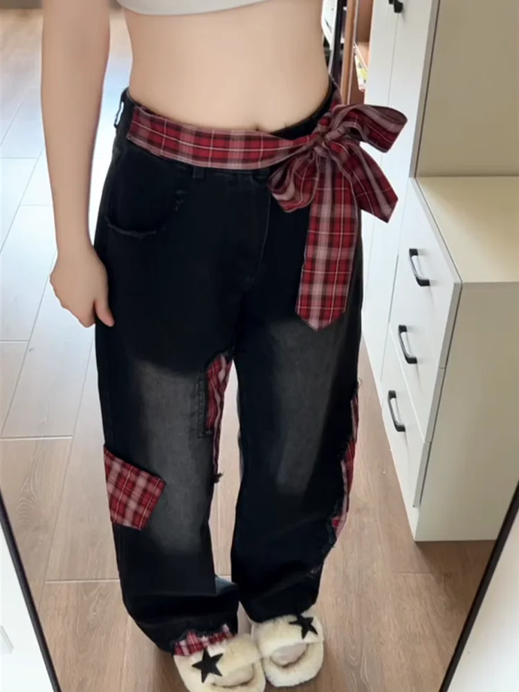 

American High Street Knot Design Straight Leg Denim Pants Women's Loose Slim High Waist Wide Leg Black Grey Jeans