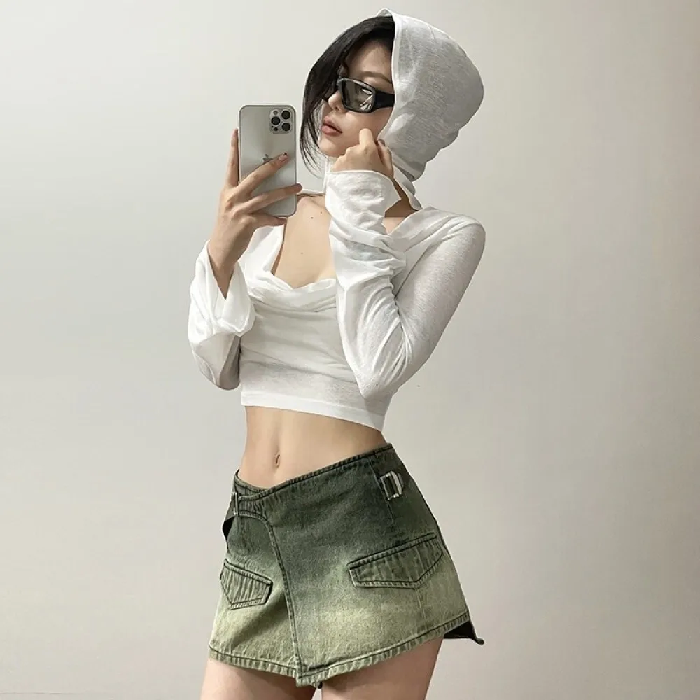 SylCue Casual Hooded Crop Tops Women Summer Trend Ruched Full Sleeve Solid Skinny Elegant Simple Comfortable T-Shirts Streetwear