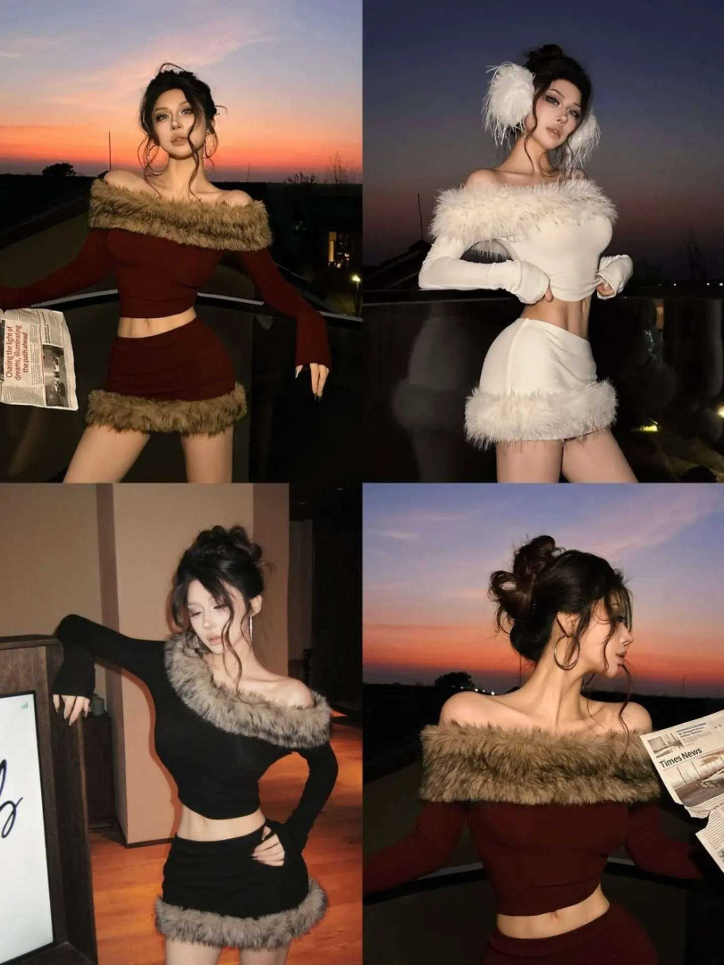 

Корейский сексуальный комплект из топа на одно плечо с мехом и юбки, облегающий, осенне-зимний, модный, повседневный, для работы, дома, свиданий