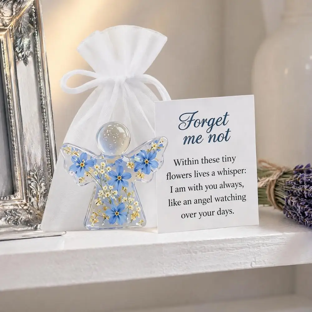 Forget-me-not Angel Ornament Pocket-sized Angel Gift Forget Me Not Dried Flower Angel Keepsake Mini Acrylic Pocket Hug Figurine