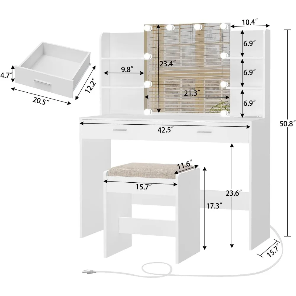 Vanity Desk, Makeup Vanity Desk with Mirror & Lights,2 Drawers & 6 Storage Shelves,with Power Outlet, for Women Girls,Bedroom