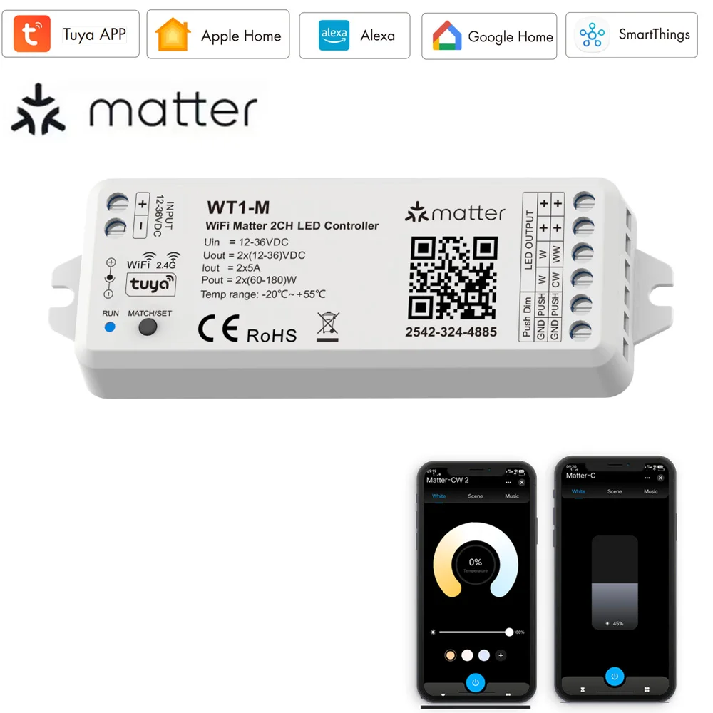 WiFi Matter 2CH LED Controller DC12V 24V 2CH*5A WW CW CCT Controller 2.4G RF Remote Dimming for Tuya Homekit Alexa SmartThings