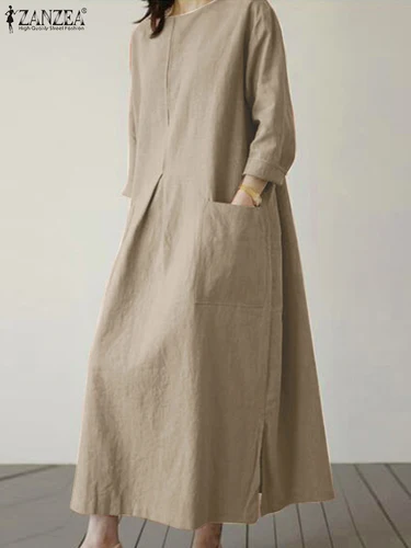 Imagen 2 del producto 2024 ZANZEA moda verano Vintage mujeres sólido 3/4 manga vestido veraniego holgado vestido Casual Vestidos de gran tamaño Kaftan bata Mujer