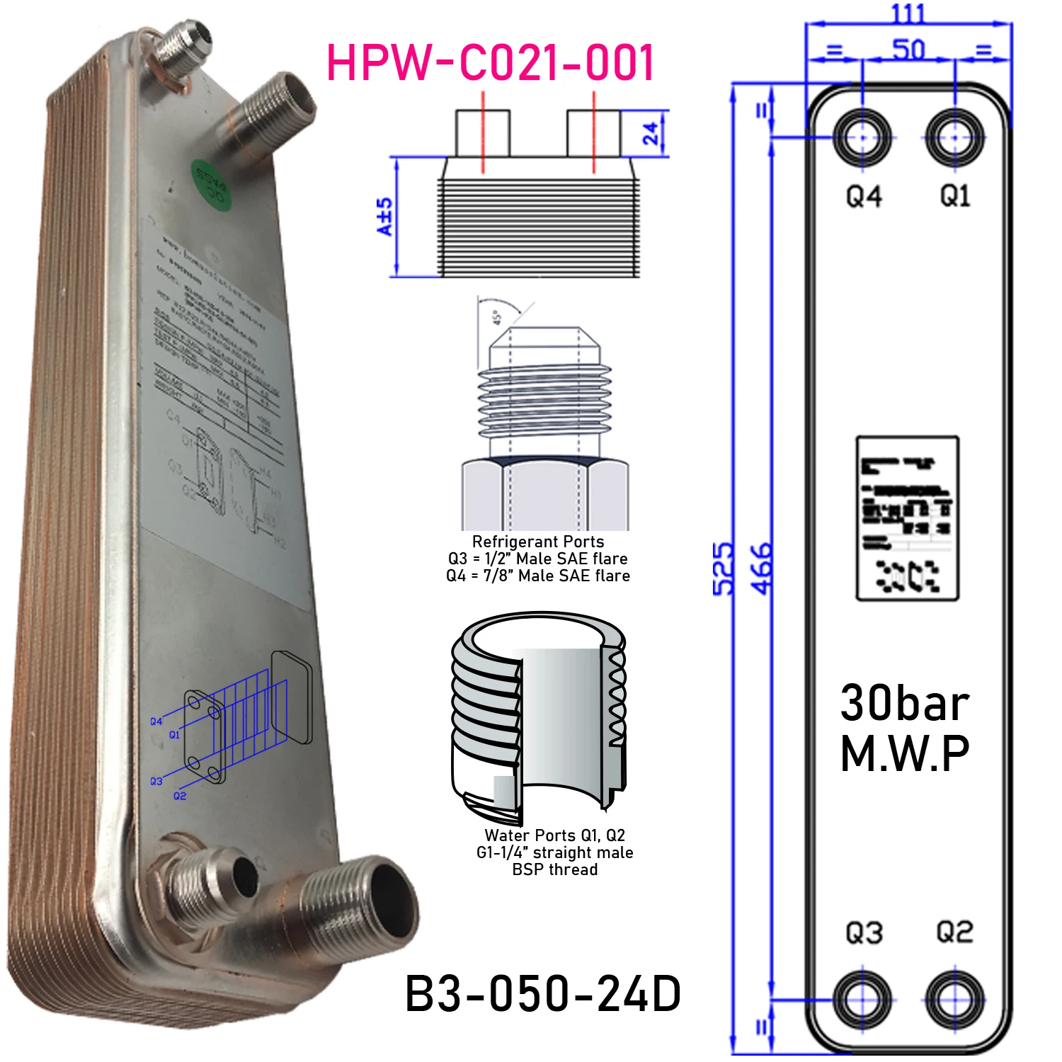 18000kcal/21kw stainless steel condenser & evaporator kits matching 6~8HP compressor is used in 72,000BTU heat pump water heater