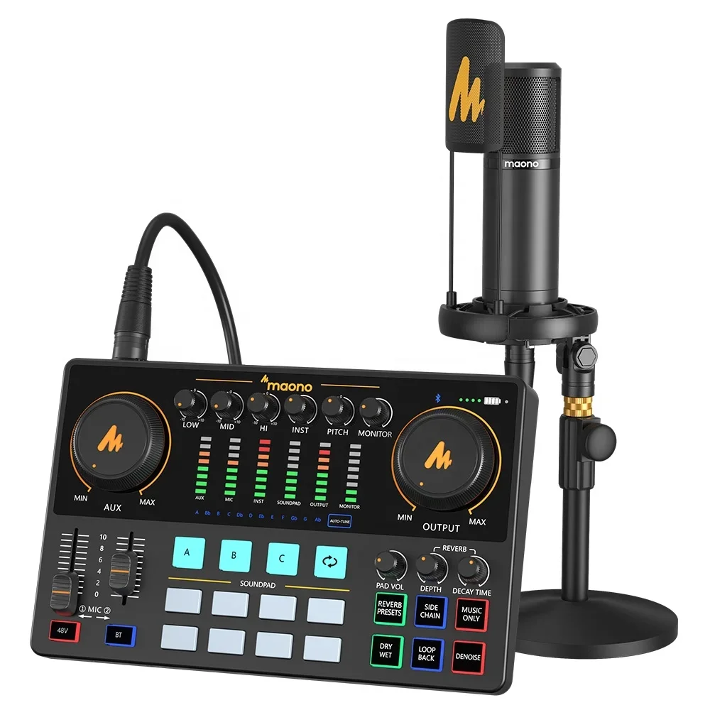 MAONO Podcast Equipment Bundle Audio Interface Mixer with XLR Condenser Microphones for TikTok Live Stream External Sound Cards