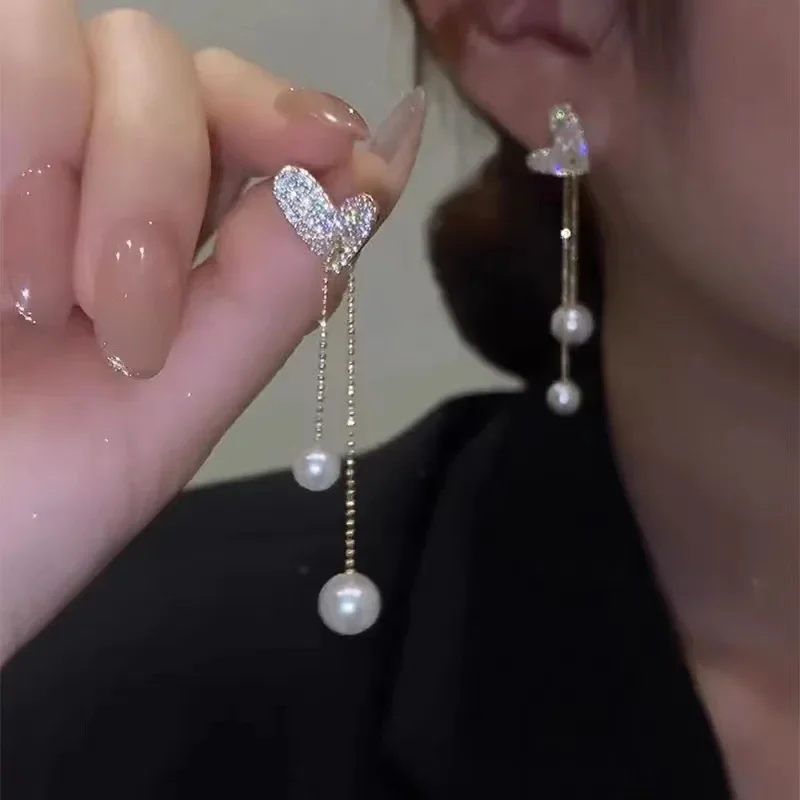 Korean Fashion Pearl Tassel Drop Earrings for Women Jewelry 2025 Trending New Luxury Women's Crystal Heart Earrings Accessories