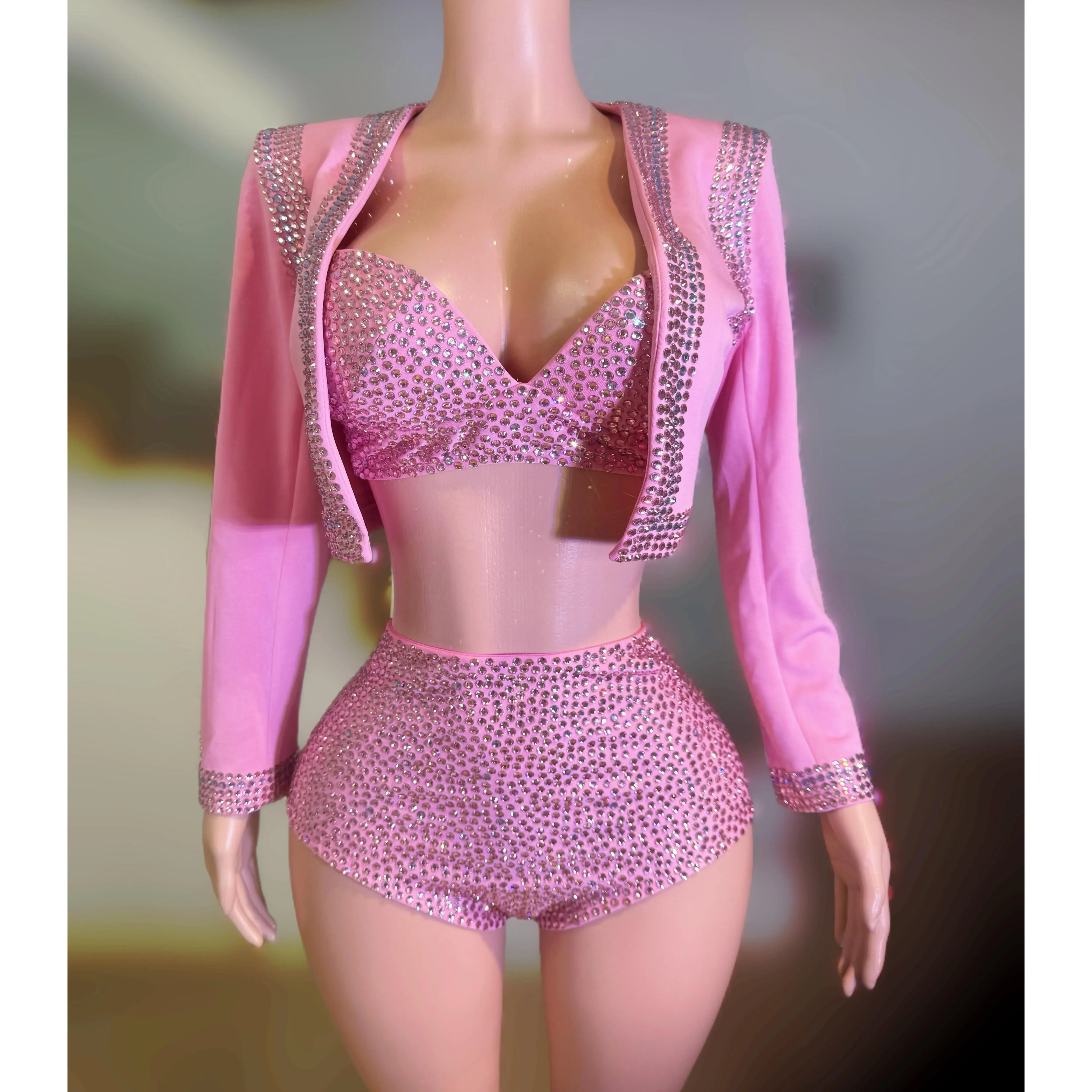 

New Fashion Rhinestones Celebrate Evening Birthday Outfit Top Coat Shorts Three Pieces Sets Performance Costume Show Stage Wear