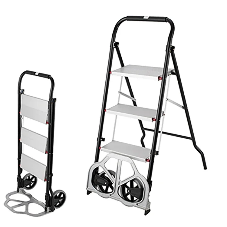 Warehouse Home Supermarket 3 Steps Foldable Ladder Hand Carts With 2 Wheels