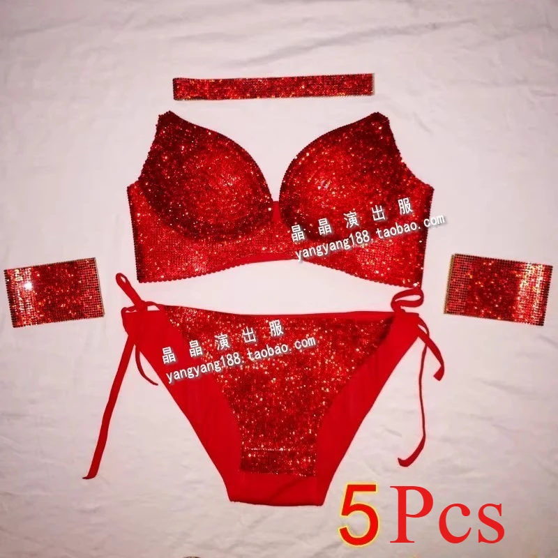 Customized Belly Bikini Diamond Sparkling Diamond Stage Bra Set Bra Underwear Pole Dance Performance Exotic Dancewear 5Pcs