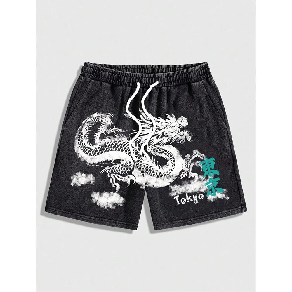 

Летние мужские шорты на шнурке с рисунком китайского дракона, быстросохнущие свободные шорты в минималистском стиле
