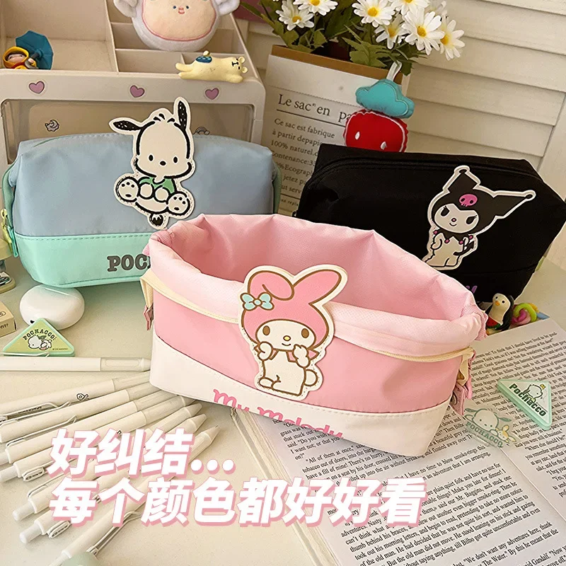 Sanrio Lovely Korean Stationery Foldable Type High-capacity Pen Case Learning Supplies Storage File Box Hello Kitty Kawaii Bag