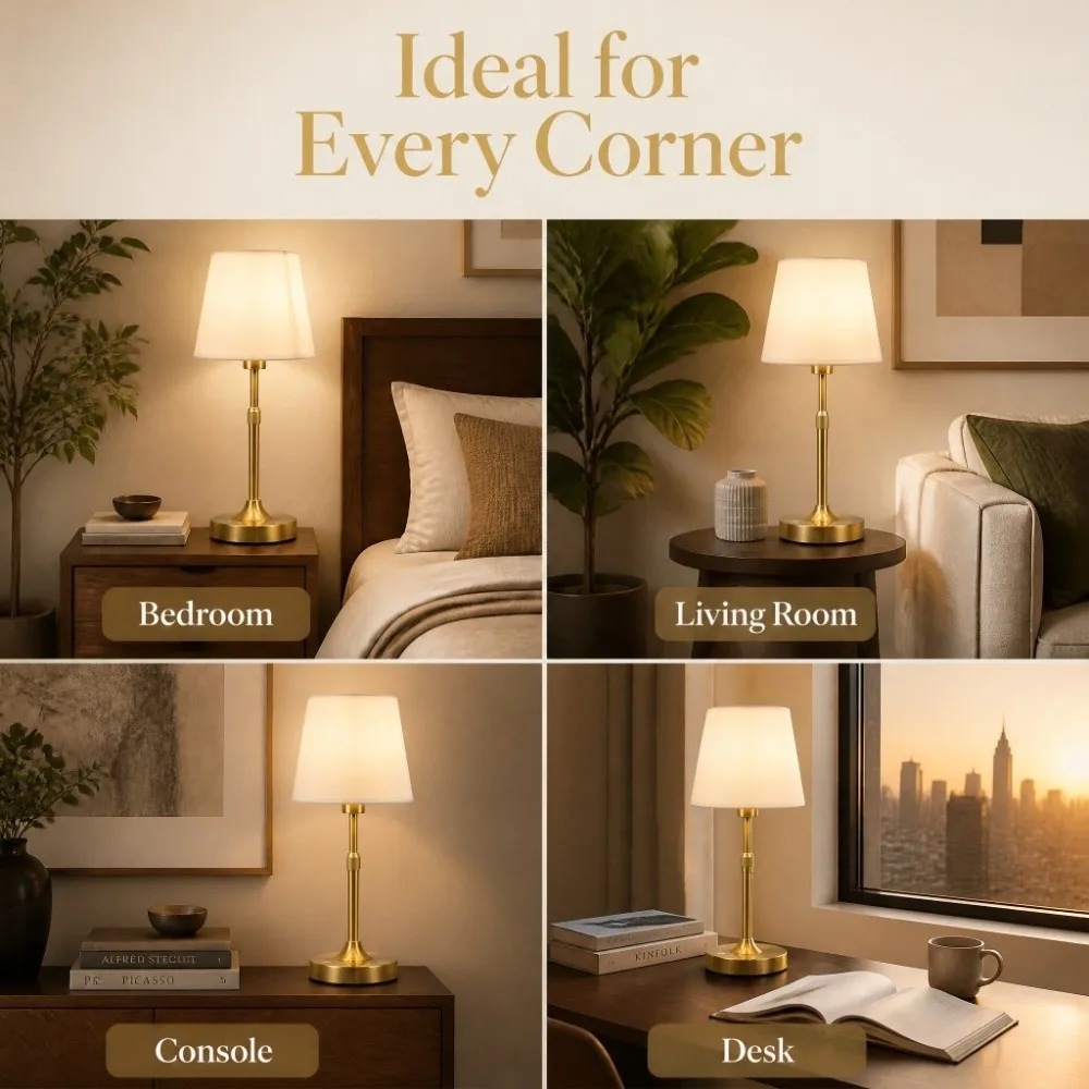 Fabric Touch Table Lamp Metal 3-Level Dimmable Rechargeable Table Lamp Type-C Rechargeable 3 Color Temperatures Bedside Lamp