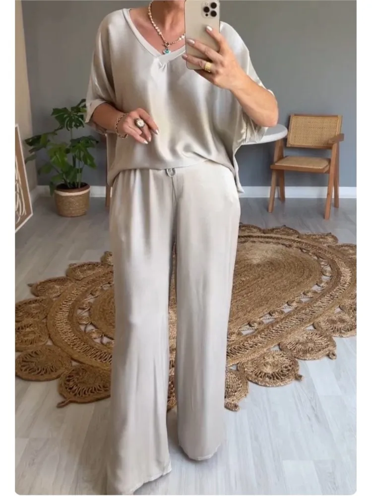 Spring Summer Fashion Solid Satin Two Piece Sets Women Sexy V-neck Short Sleeve Top + Wide Leg Long Pants Casual Two Piece Set