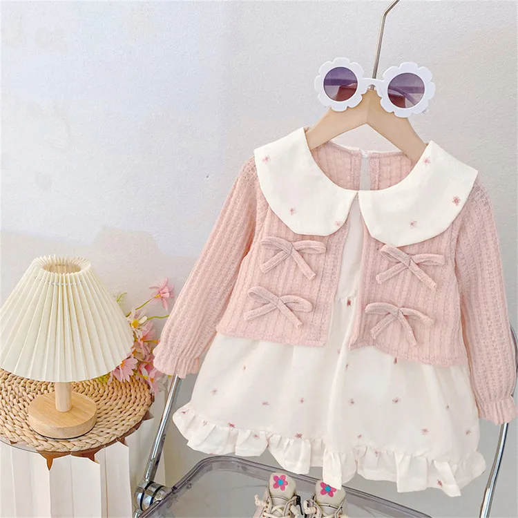 

Girls' Dress Spring and Autumn New Style Western Style Fake Two-piece Cardigan Year Old Baby Children's Princess Dress