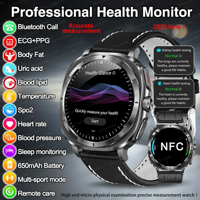 

2025 New Uric Acid Blood Pressure ECG+PPG Body Analysis Smart Watch Bluetooth call NFC Clock Fashion Health Sport Smartwatch Men