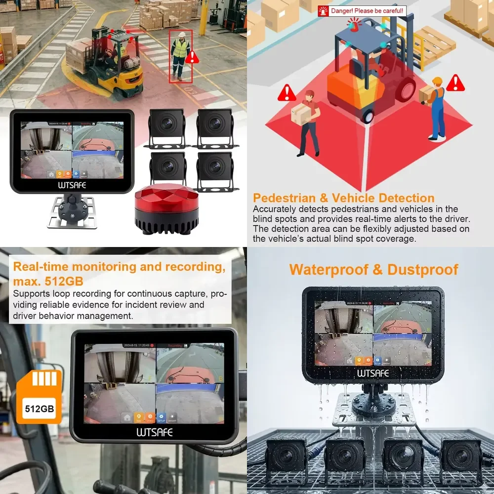 AI Camera Forklift Reverse Anti-Collision System Proximity Pedestrian Vehicle Safety Alert 10.1 Inch Waterproof