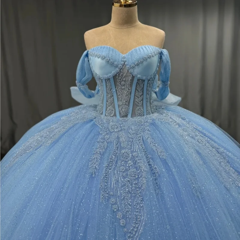 

Shiny aqua blue Quinceanera Dress off-shoulder glitter flower decal Long tail Bow vestidos de 15 Quinceanera ﻿Customize