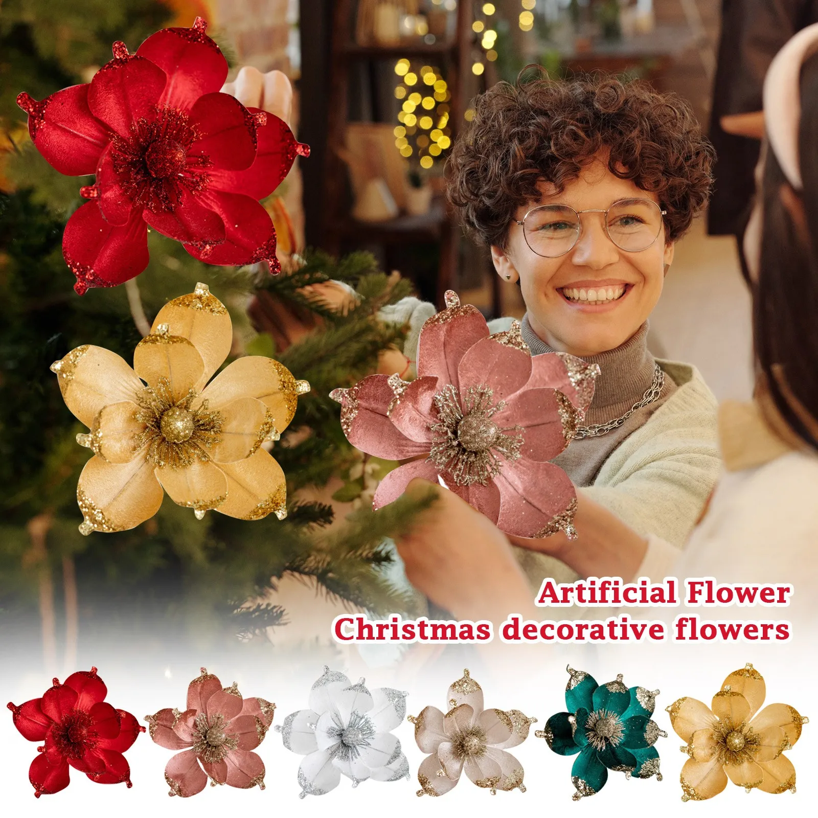 Artificial Glitter Magnolia Flowers Christmas Poinsettia Ornaments Picks Christmas Tree Wreath Garland Xmas New Year Decoration