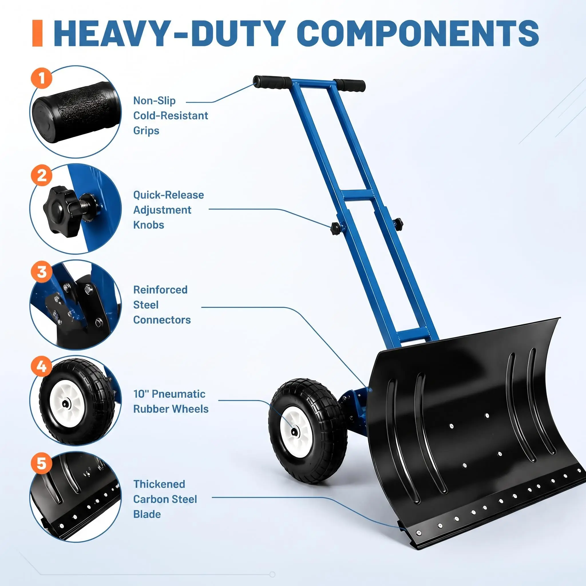 Steel Snow Pusher with Wheels Double Handle Metal Snow Shovel 42 cm Carbon Steel Blade Height Adjustable for Driveway Patio