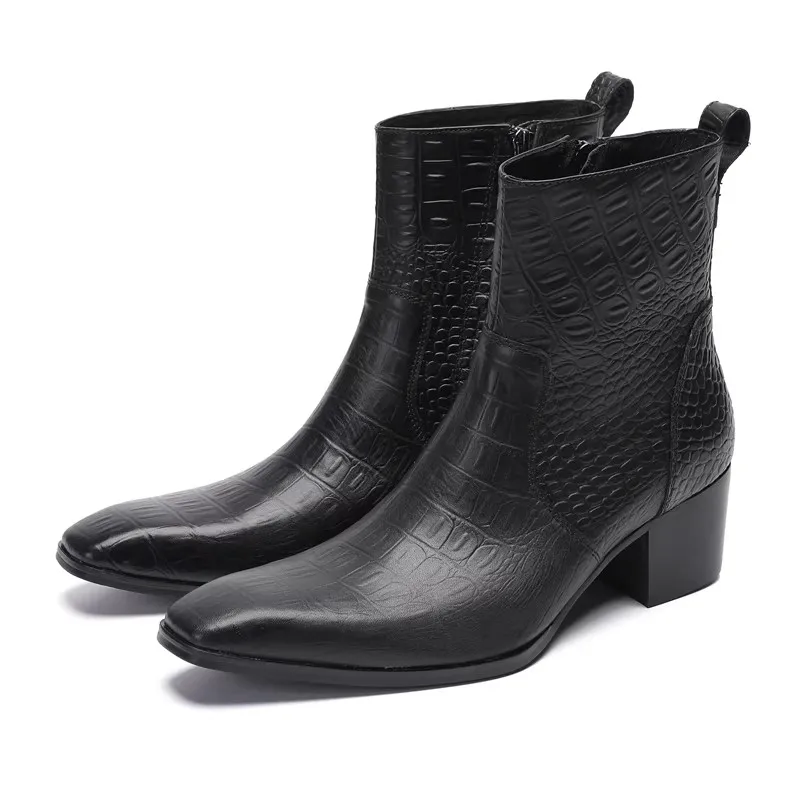 

Black 7CM High Heel Chelsea Boots Pointed Toe Cowhide Side Zipper Ankle Boots Spring Autumn New Tredy Male Business Dress Shoes