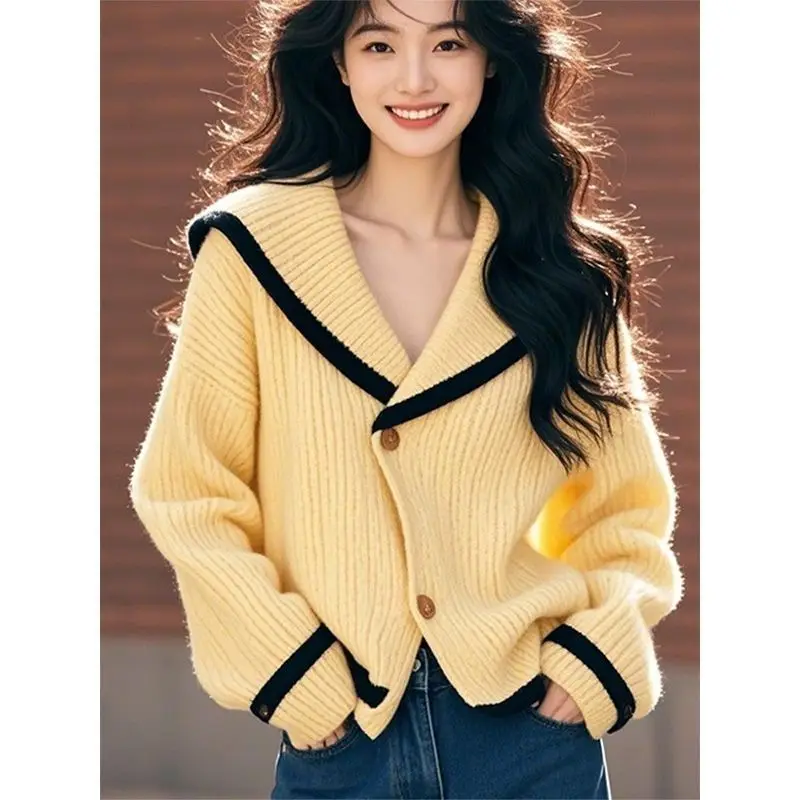 

Women's Yellow Navy Collar Knit Cardigan Korean Style Gentle Vintage Design Autumn Winter Sweater Tops