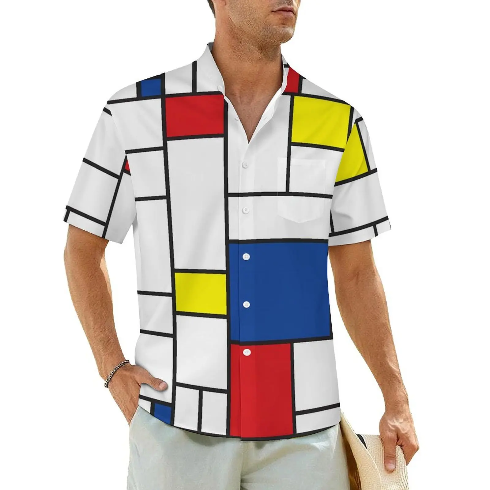 

Vintage Geometric De Stijl Beach Shirt Men Mondrian Minimalist Casual Shirts Hawaiian Short Sleeve Stylish Plus Size Blouses