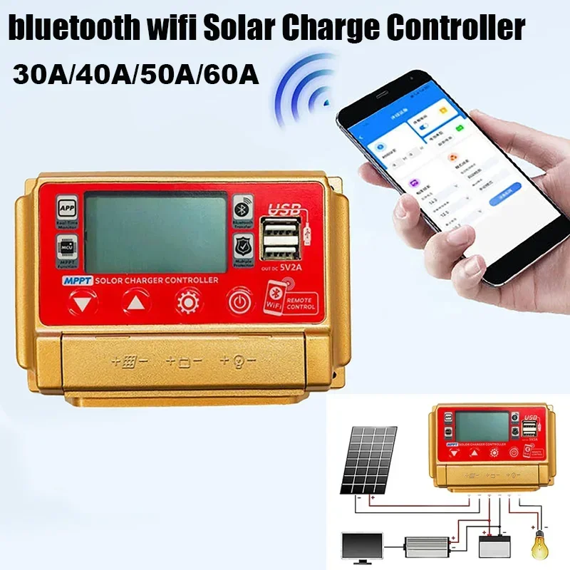 

30/40/50/60A bluetooth WIFI Solar Controller Dual USB Output LCD Display MPPT Intelligent Solar Panels Battery Charge Controller