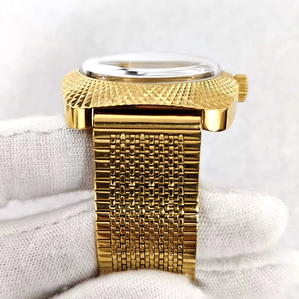 36.5mm Gold NH35 Watch Case Transparent Caseback Double Domed Acrylic Engraved 5ATM 19mm 28.5mm Dial Watch Case