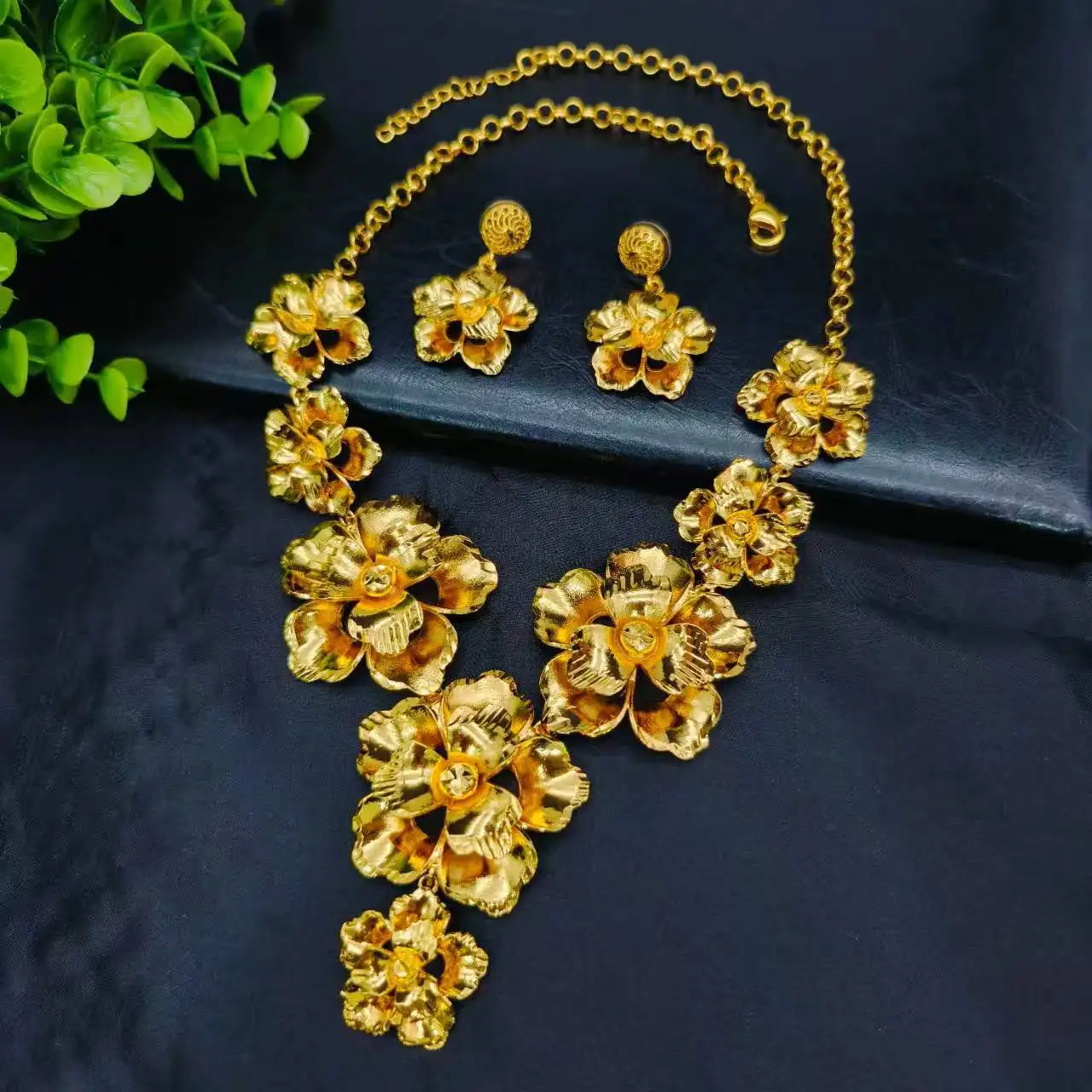 Luxury 24K 9999 Pure Gold real gold Women's three-dimensional flower necklace earrings set