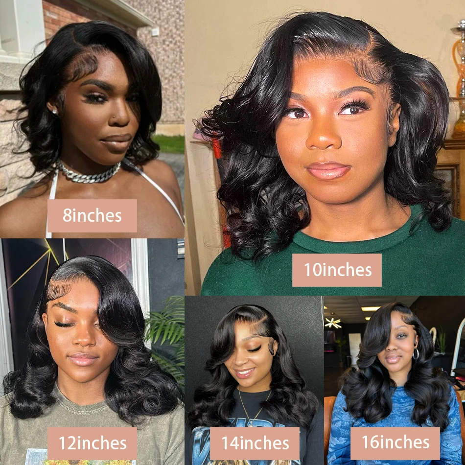 230% Плотность 13x4 Короткие вьющиеся боб Объемная волна Кружевные фронтальные парики Закрытие 4x4 Прозрачный парик фронта шнурка Бразильские 100% человеческие волосы