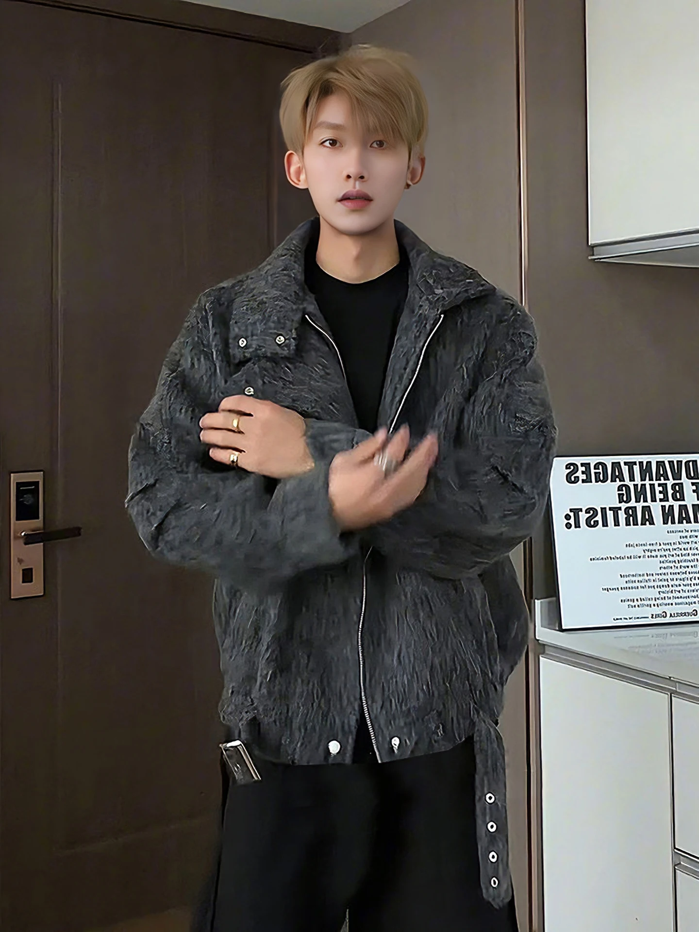 

Khaki ort Thiened Woolen Jaet for Men Winter American Harlington Cleanfit Collar Zipper Outerwear Korean Sle Youth