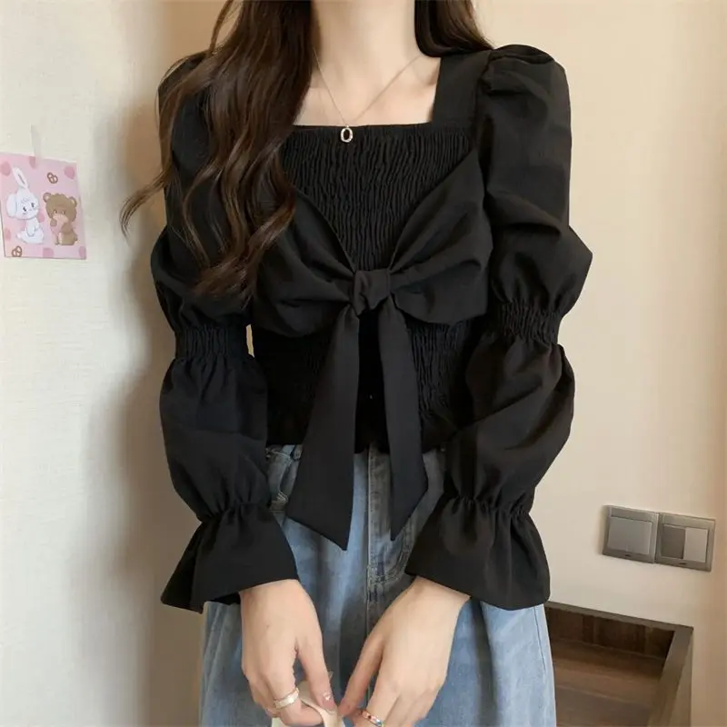 Women\'s Square Collar Long Sleeve Shirts, Elegant Slim Tops, Monochromatic Bow Pleated, Casual Clothes, New Style Fashion