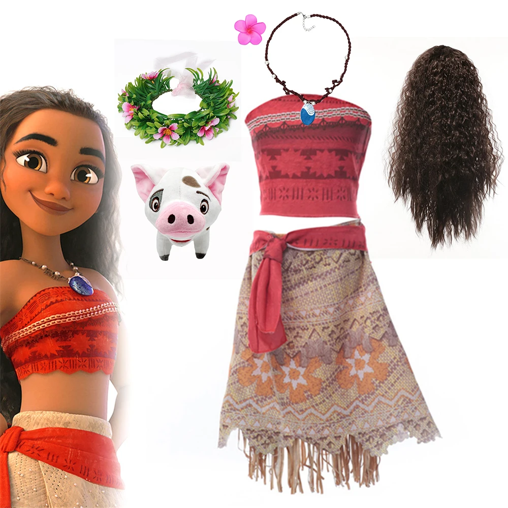 

Disney Girl Princess Moana Costume 2PCS Top and Skirt Children Clothes Halloween Cosplay Vaiana Dress Summer Beachwear Carnival