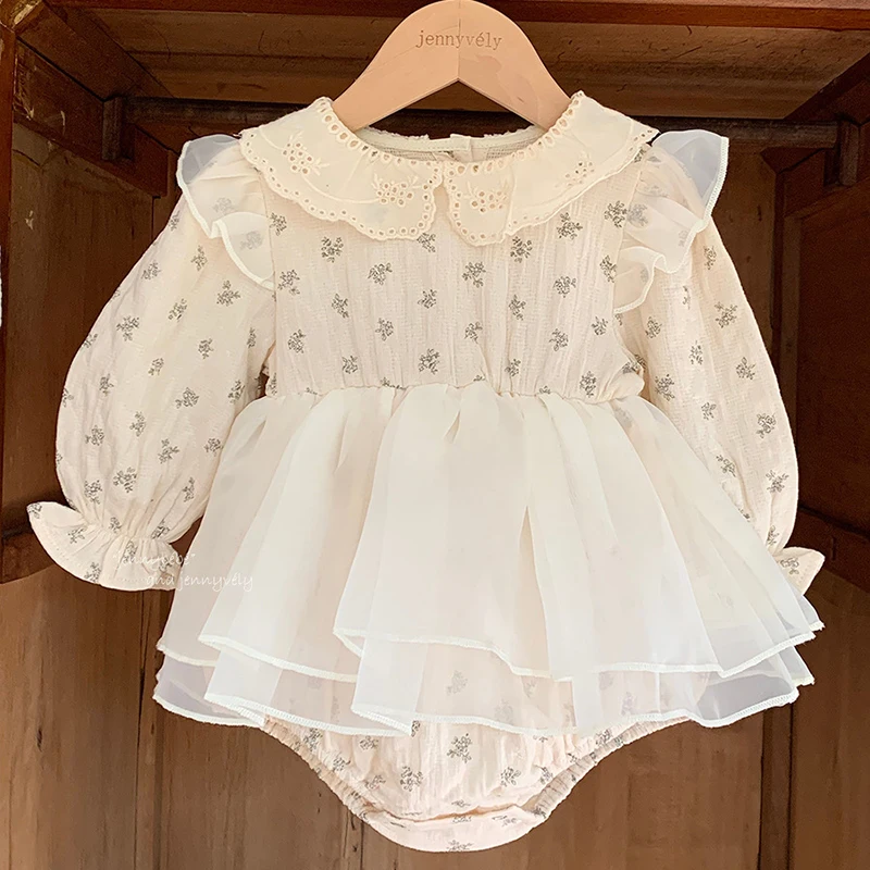 2025 New Autumn 0-24M Baby Girl Clothing Toddler Baby Girl Romper Long Sleeved Cotton Mesh Splicing Infant Baby Girls Jumpsuit