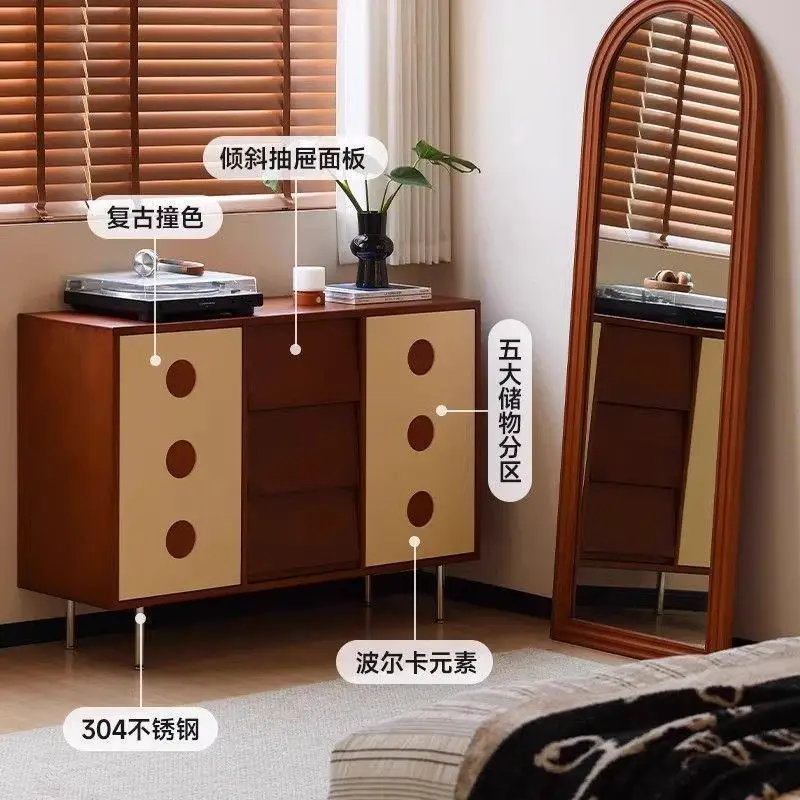 Medieval solid wood dining side cabinet living room Bauhaus multi-functional color matching storage locker bedroom small